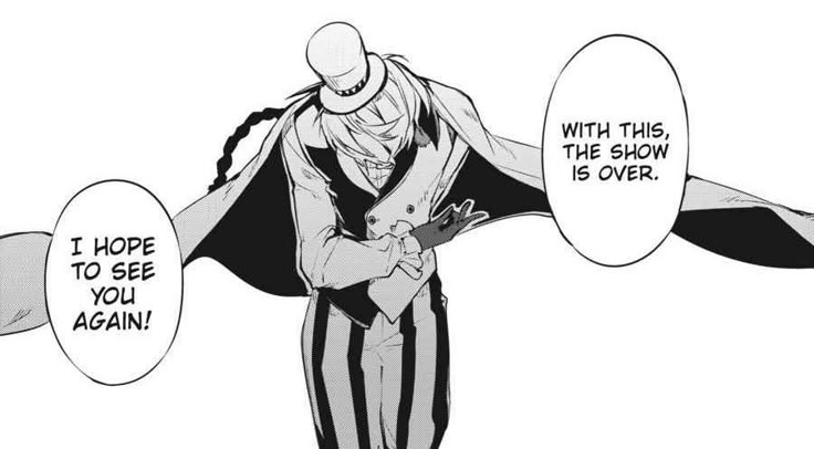A picture of Nikolai Gogol BSD. He has his head down in a bow. He says: With this, the show is over. I hope to see you again!